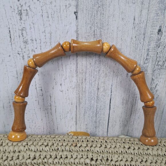 VTG Handbag Woven Raffia Straw Purse Wood Handle Sea Shells Boho Beach Cruise - Picture 3 of 14